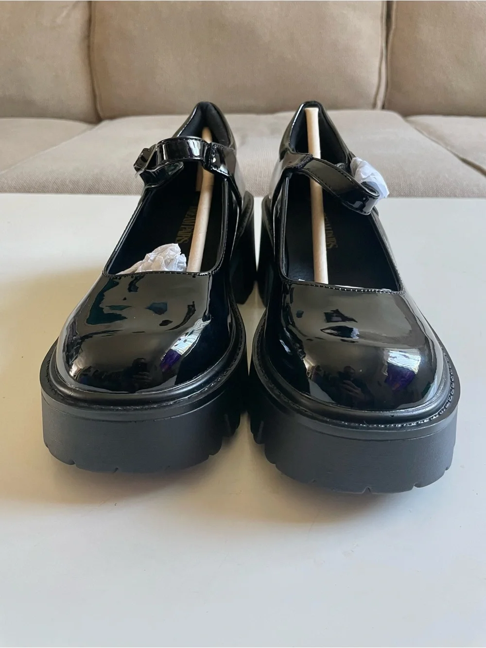 Black Patent Mary Jane Platform Shoes with Buckle Strap